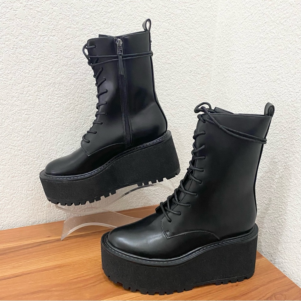 CIRCUS by Sam Edelman SLATER Black Faux Leather Lace-up Platform Combat Boots 8 - Picture 2 of 16
